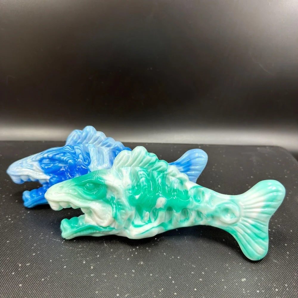 Hand Crafted Resin Fish Skeleton Figurines Blue Green Marbled Art Decor Set of 2